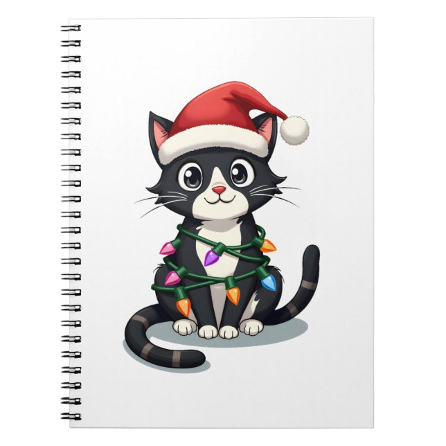 Carnet Christmas Cat Tuxedo black cat xmas lights kitty c (Devant)