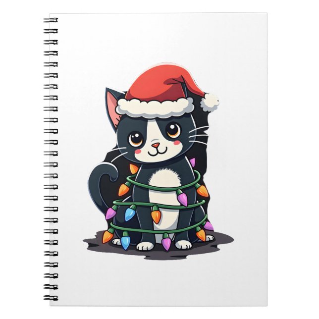 Carnet Christmas Cat Tuxedo black cat xmas lights kitty c (Devant)