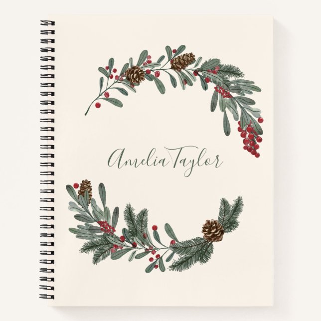 Carnet Christmas Floral Wreath Personalized Script Name (Devant)