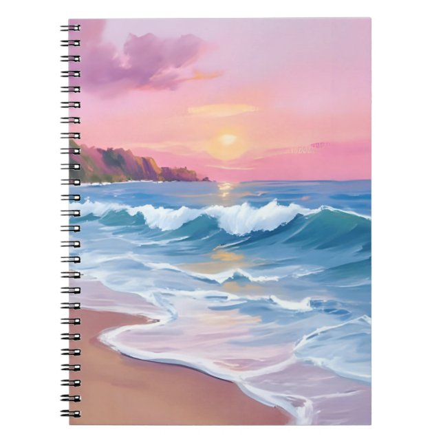 Carnet Cieux pastel rose | Vagues de plage à l'aquarelle  (Devant)