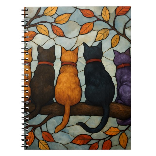 Carnet Cinq chats sur une branche d'arbre de style vitrai (Devant)