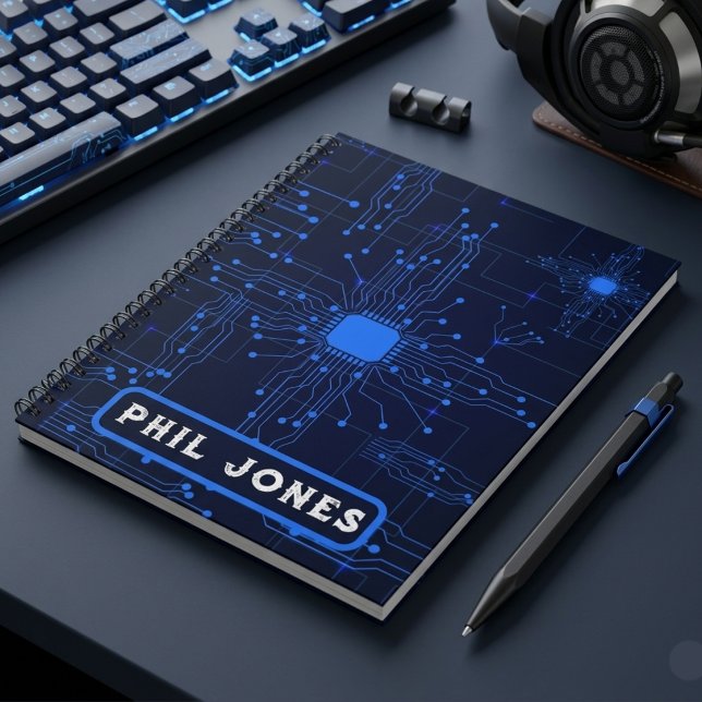 Carnet Circuit imprimé bleu personnalisé pour technophile (Personalized Blue Circuit Board Tech Geek Notebook)