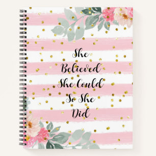 Carnet Citation florale à paillettes dorées rayée rose et