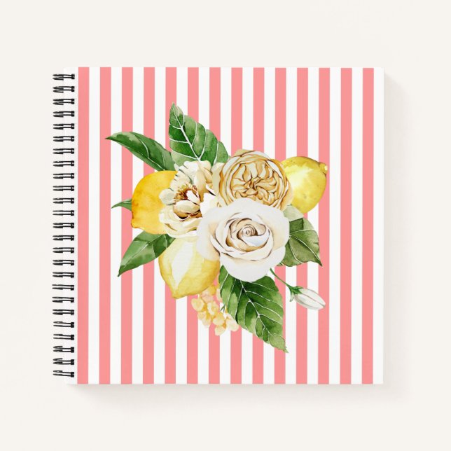 Carnet Citrons et roses à rayures roses (Devant)