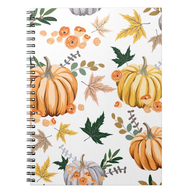 Carnet Citrouille orange d'automne et fleurs motif (Devant)
