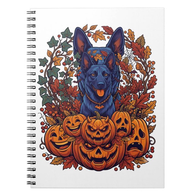 Carnet Citrouilles d'Halloween Pitbull Bleu Feuilles d'Au (Devant)