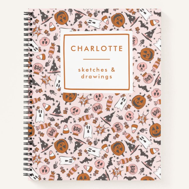 Carnet Citrouilles fantômes rose personnalisées Halloween (Devant)