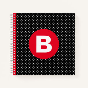 Carnet Classique pois noir et blanc avec monogramme rouge