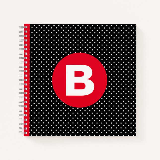 Carnet Classique pois noir et blanc avec monogramme rouge (Devant)