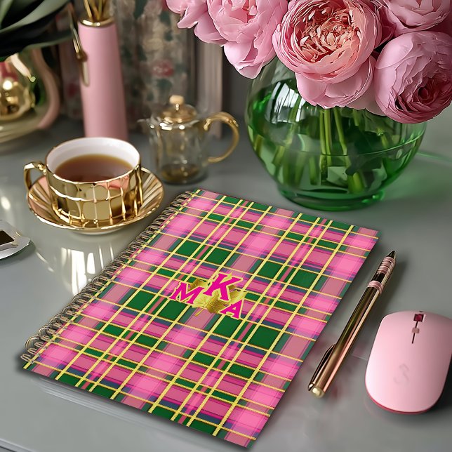 Carnet Classique rose et vert à carreaux monogrammé  (Preppy Plaid Pink and Green Monogrammed Notebook, Glossy Softcover(shown) or Matte Hardcover)
