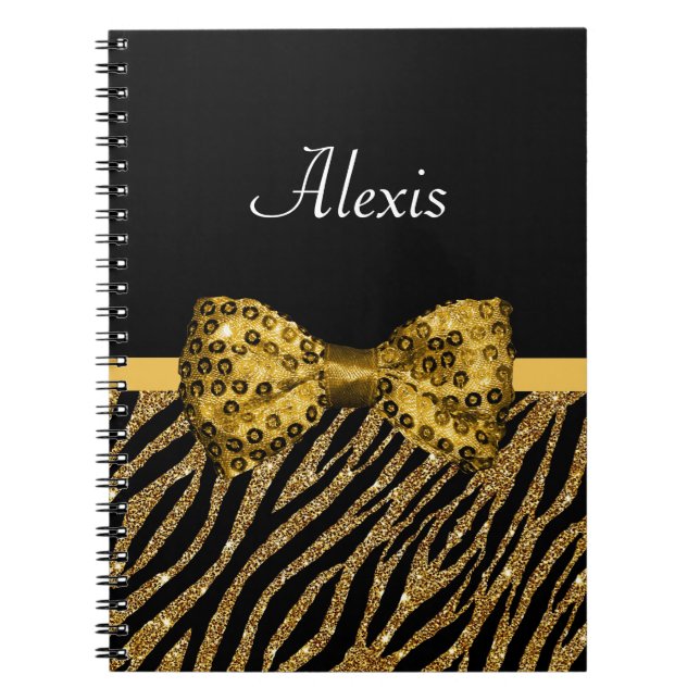 Carnet Classy Gold Zebra Print FAUX Glitz Bow avec nom (Devant)