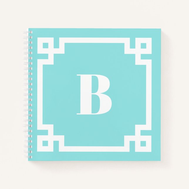 Carnet Clé grecque carrée bleu aqua bordure monogramme (Devant)