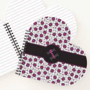Carnet Coccinelles rose vif et noir sur fond à carreaux g