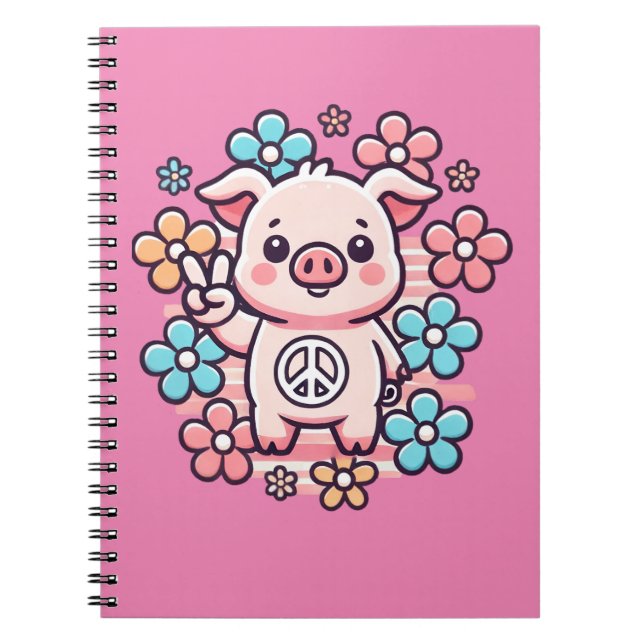 Carnet Cochon mignon avec la paix Signal & Fleurs à thème (Devant)