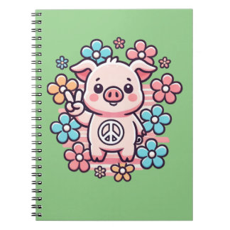 Carnet Cochon mignon avec la paix Signal & Fleurs à thème