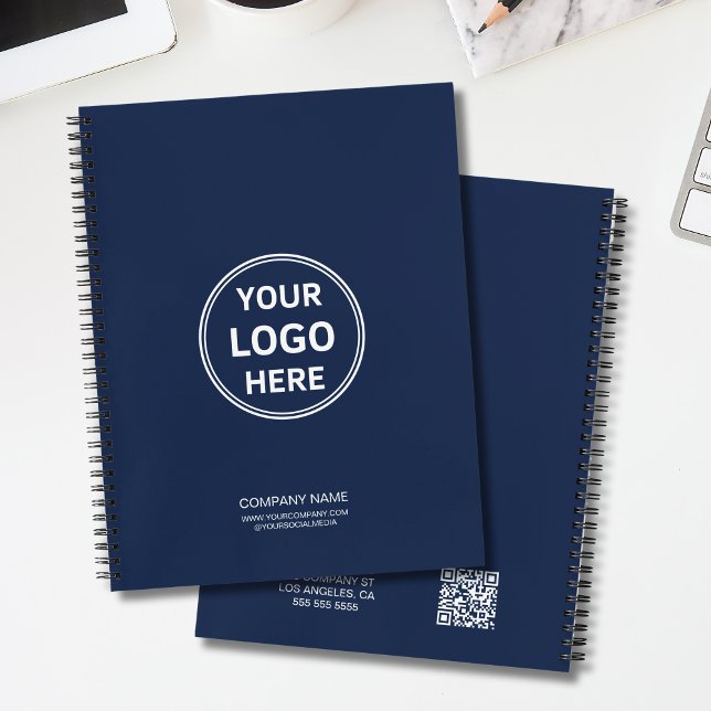 Carnet Code QR de logo personnalisé minimal moderne bleu  (Modern Minimal Custom Logo QR Code Navy Blue Notebook)
