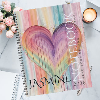 Carnet Cœur aquarelle fantaisiste arc-en-ciel pastel doux