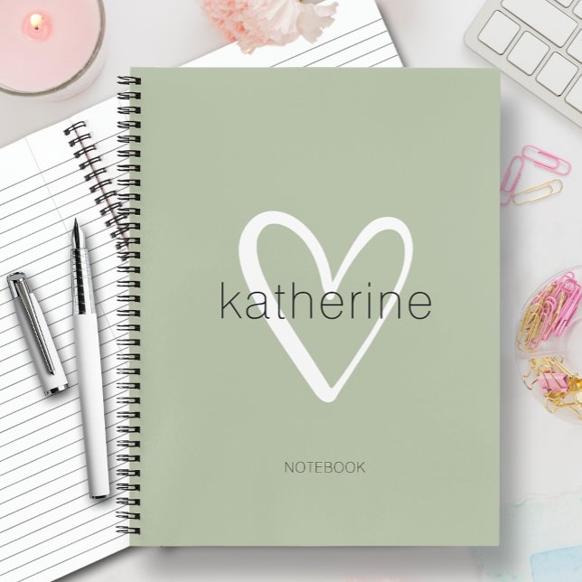 Carnet Coeur chic sur Sage Green (CHOOSE HARD and SOFT COVER and page style when ordering. MORE colors in our collection.)