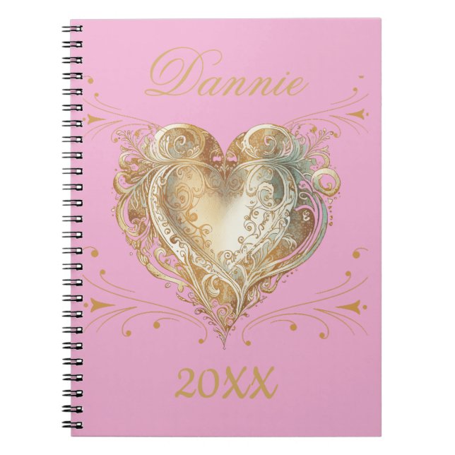 Carnet Cœur doré et rose Élégant sur mesure (Devant)