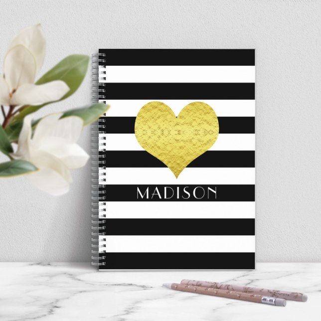 Carnet Cœur doré noir et blanc moderne (Modern Black And White Gold Heart Notebook)