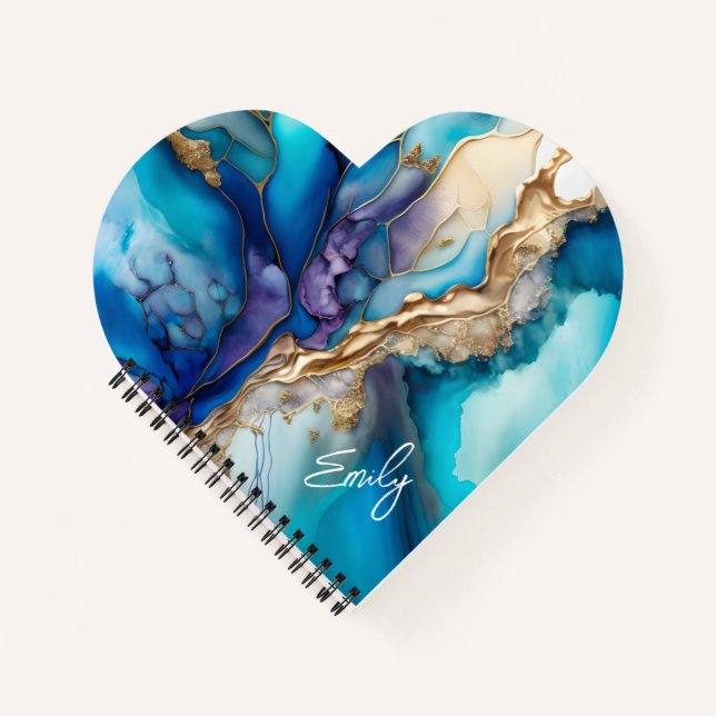 Carnet Cœur en marbre bleu or personnalisé avec nom (Devant)