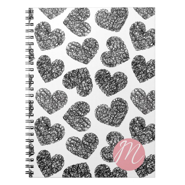 Carnet Coeurs de Doodle Noir et Blanc modernes Monogramme (Devant)