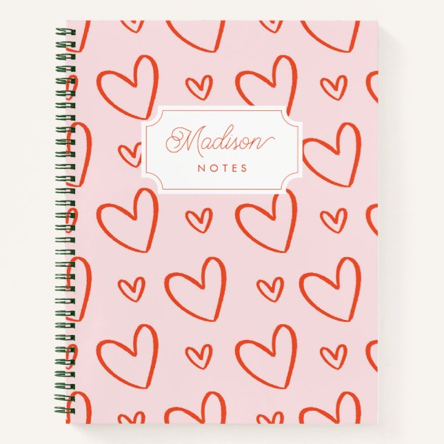 Carnet Coeurs de preppy monogramme initial rose & rouge (Devant)