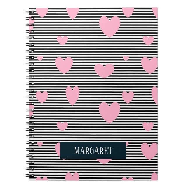 Carnet Coeurs et rayures roses personnalisés (Devant)