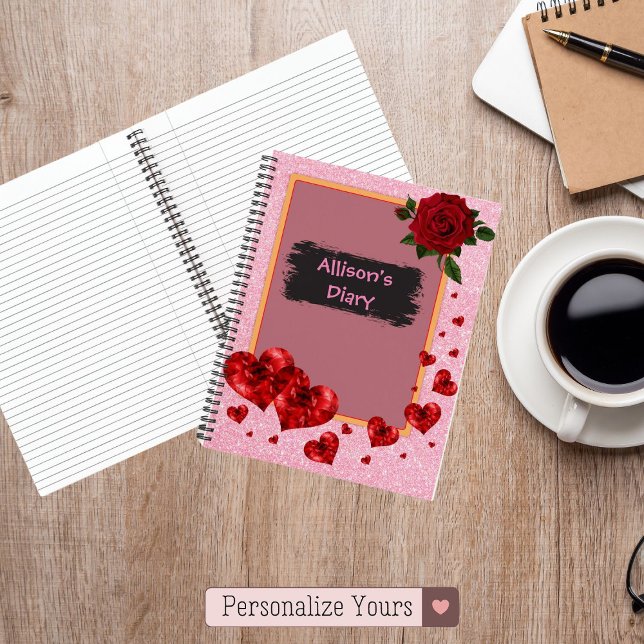 Carnet Coeurs rouges et Parties scintillant Rose (Red Hearts & Rose Glitter Notebook)