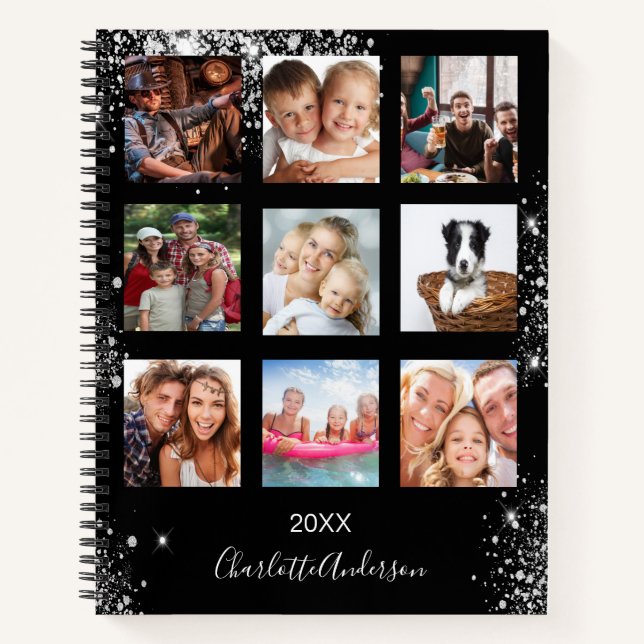 Carnet Collage photo monogramme pailleté argent noir (Devant)