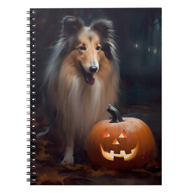 Carnet Collie Rough Halloween avec citrouilles effrayant (Devant)