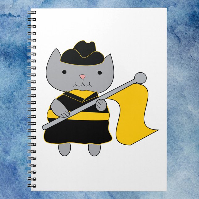 Carnet Color Guard Cat Yellow Flag Black Uniform (A notebook featuring a cute gray cat wearing a black and yellow gold color guard uniform.)