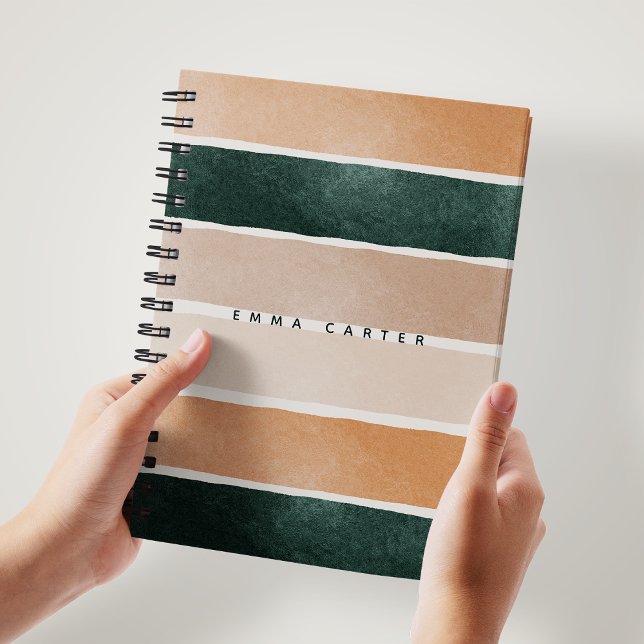Carnet Colorblock Brown et vert Rayures Abstraites Monogr (Créateur téléchargé)