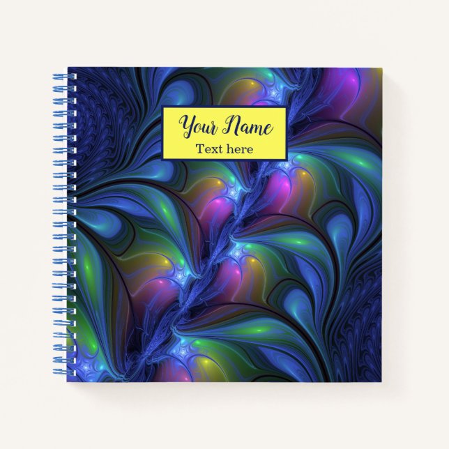 Carnet Coloré Abstrait Bleu rose Vert Fractal Nom (Devant)