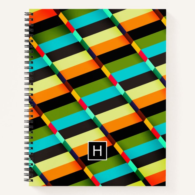 Carnet Coloré Moderne Rayures Abstraites & Monogramme (Devant)