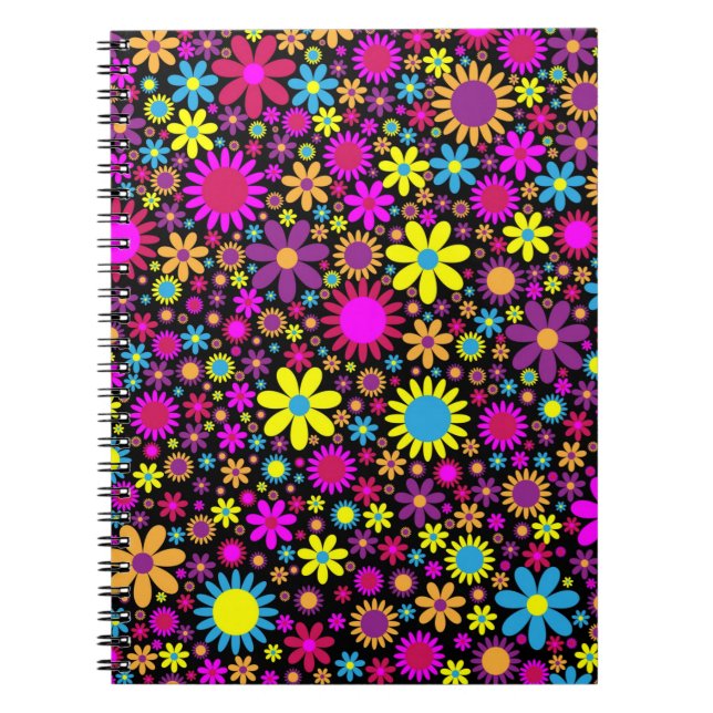 Carnet Colorful Flowers Floral Black Background Pattern (Devant)