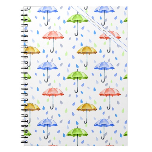 Carnet Colorful Watercolor Umbrellas and Rain Drops Fall (Devant)