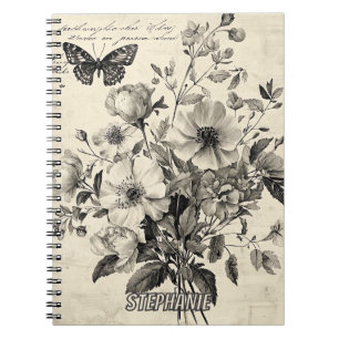 Carnet Composition florale antique - Papillon monochrome
