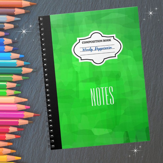 Carnet Composition personnalisée à motif vert élégant (Personalize with your name and subject.  Available in multiple colors. )