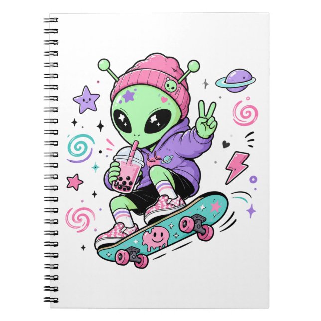 Carnet Conception de Bubble Tea Alien Skateur Kawaii (Devant)