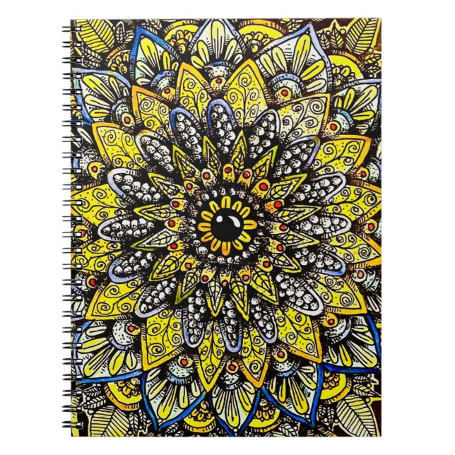 Carnet Conception de mandala dessinée à la main jaune ver (Devant)