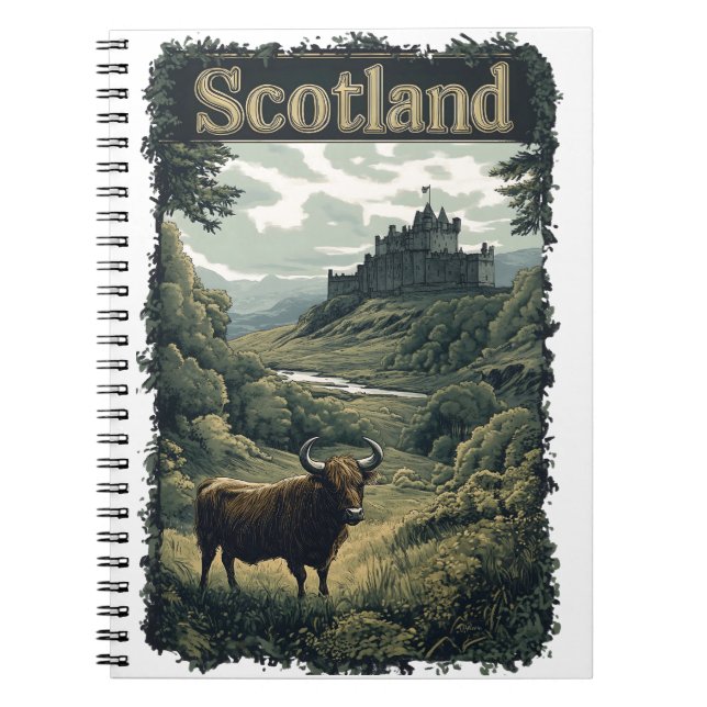 Carnet Conception Écosse : Vache des Highlands, château e (Devant)