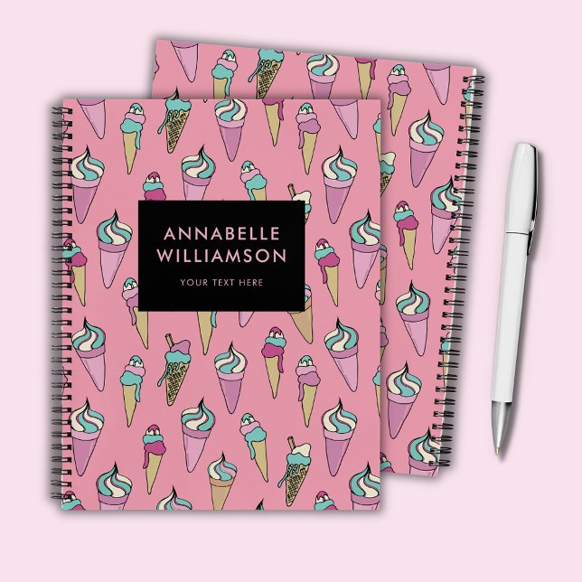 Carnet Cône de glace personnalisé rose (Cute girly pink ice cream personalized spiral notebook)