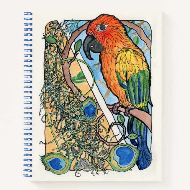 Carnet Conure de soleil avec plumes et graines de tournes (Devant)