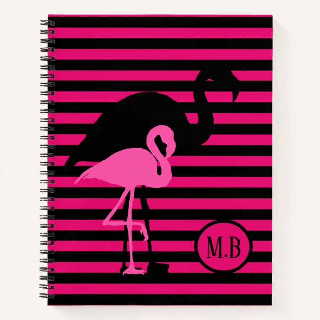 Carnet Cool Flamant rose noir et rose rayures Monogramme (Devant)