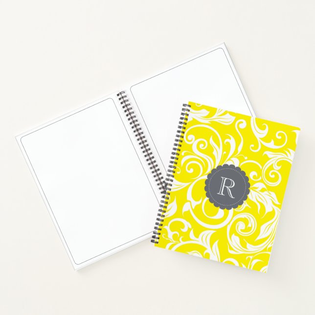 Carnet Cool gris jaune papier peint floral ondulé Monogra (Intérieur)