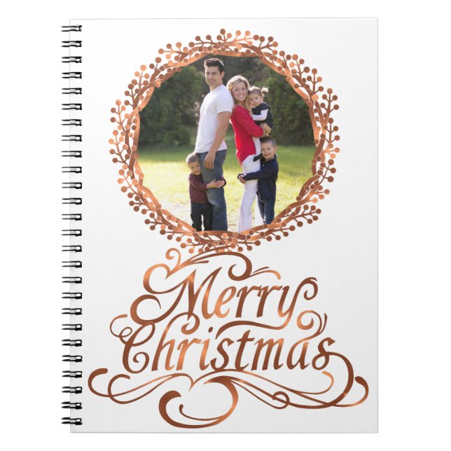 Carnet Copper-look Merry Christmas script & berry wreath (Devant)