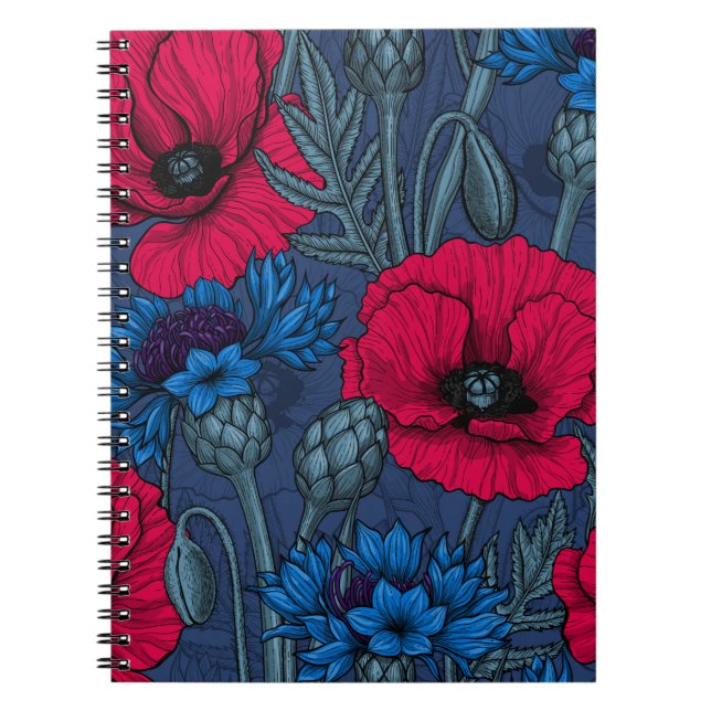 Carnet Coquelicots rouges et fleurs bleues sur bleu (Devant)