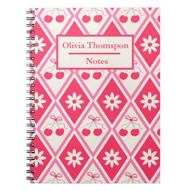 Carnet Coquette Cherries with bows on red diamonds custom (Devant)