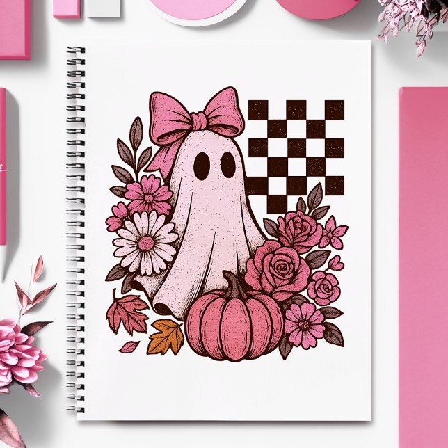 Carnet Coquette rose rétro Fille fantôme avec Bow Hallowe (This coquette ghost retro Halloween design combines floral sweetness with spooky spirit.)